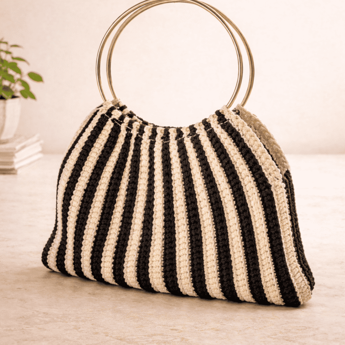 Midnight Stripe Handmade Crochet Ring Handle Bag